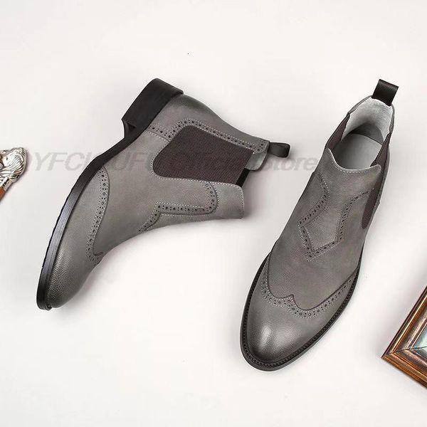 

dress shoes gentlemen suede leather boots british style men black gray slip on wedding male chelsea booties bio0