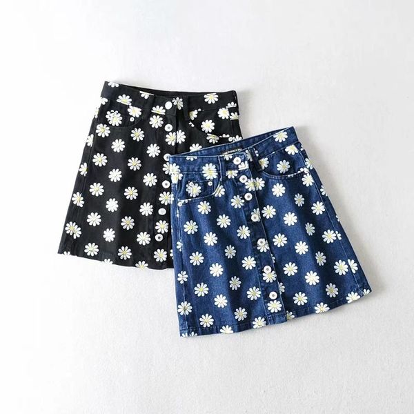 

skirts woman daisy print a-line denim jeans mini skirt, Black