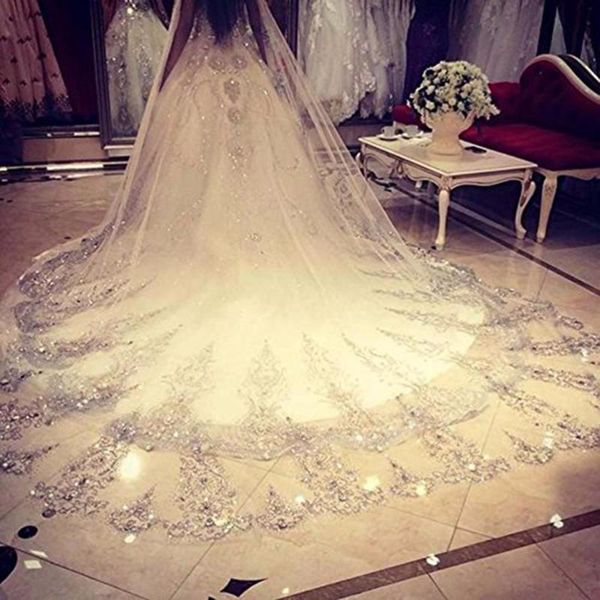 

bridal veils one layer cathedral 3.5 meters stunning crystal beaded applique wedding accessories white ivory velo 2021 fashion, Black