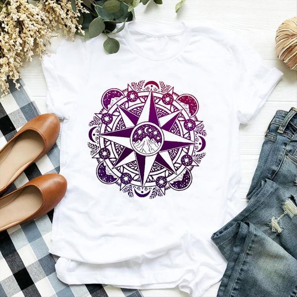 

compass vacation mountain night cartoon womens print tee clothes female graphic, White