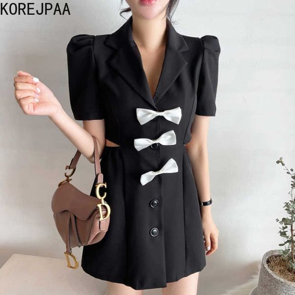 

korejpaa women dress korean chic style backless design lapel bow decoration single-row button-down short-sleeved vestido 210526, Black;gray