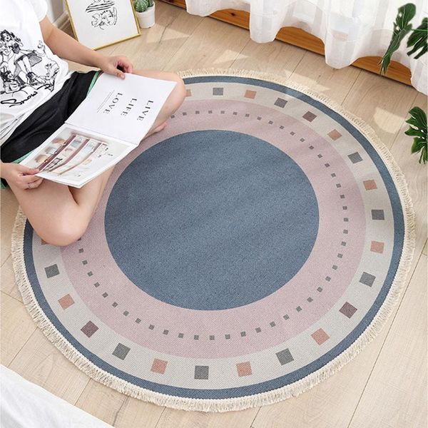 

carpets retro round carpet for living room cotton linen bedroom rugs yarn dyed anti-slip floor mat parlor home decorative tassel