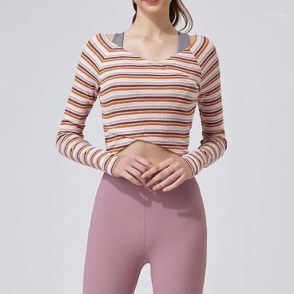 

casual striped cropped long sleeve shirt fashion women shoulder strap fitness yoga vest high stretch slim workout sportswear outfit