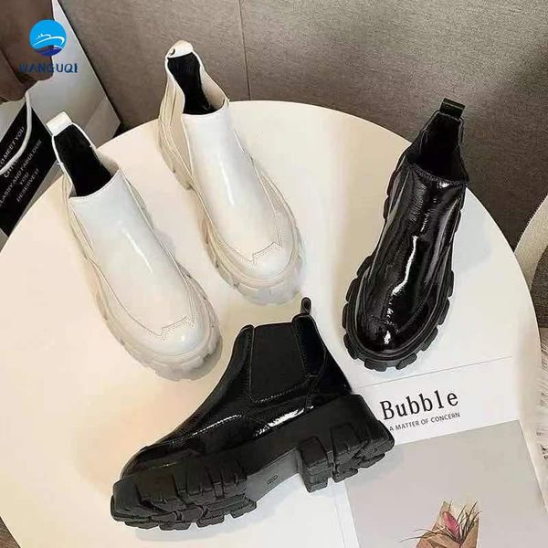 

autumn and winter leather thick-soled ankle boots british style increased women's gear ladies fashion short, Black