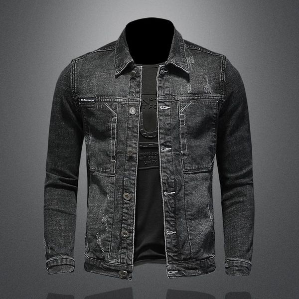 

men's jackets 2021 spring autumn solid-color printed single breasted slim business casual long sleeve denim jacket, Black;brown