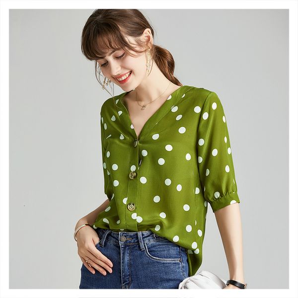 

blouses half-sleeve v-neck loose shirt dot prints silk 2021 fashion style, White