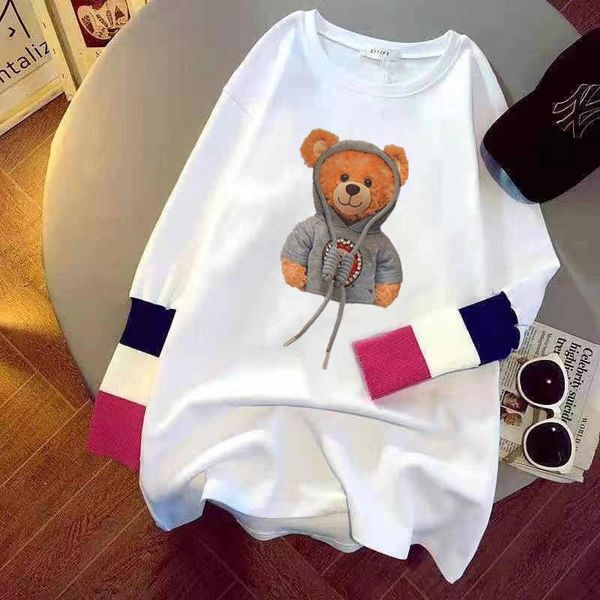 

women's t-shirt bear stitching fake two-piece long-sleeved female 2021 spring korean version loose mid-length bottoming shirt top, White
