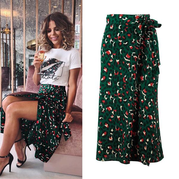 Gonne lunghe con stampa leopardata vintage Gonna longuette a vita alta da donna con papillon 2021 Gonna a portafoglio con spacco sexy estivo da donna Green Beach Y0824