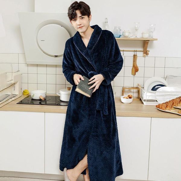 

men's sleepwear men robe gown coral fleece nightwear winter warm kimono long sleeve bathrobe lapel lingerie thick lounge wear homewear, Black;brown