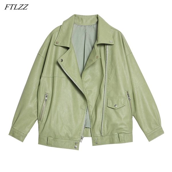 

autumn women loose green pu faux soft leather jacket casual female zipper streetwear turn down collar coat outwear 210430, Black