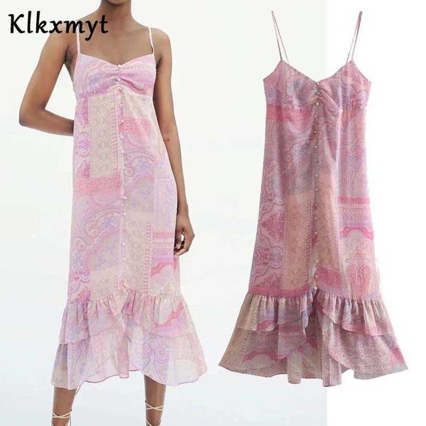 

za women vintage paisley floral print hem pleat ruffles sling dress boho femme chic back elastic chiffon midi vestidos 210527, Black;gray