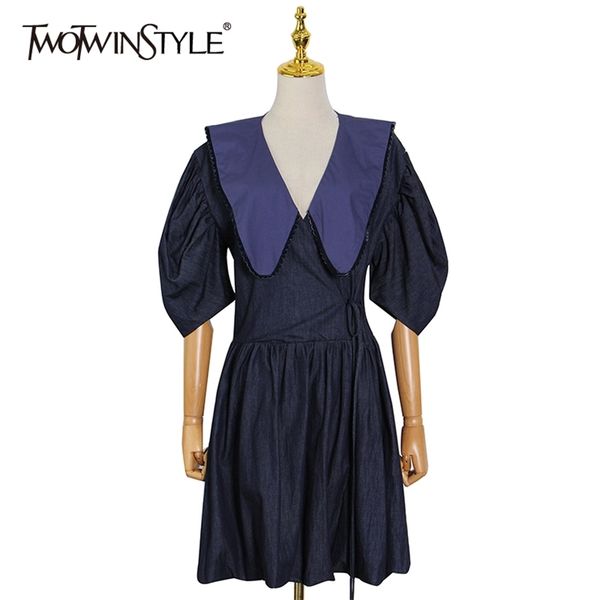 

elegnat patchwork hit color dress for women lapel puff sleeve high waist summer dresses female fashion style 210520, Black;gray