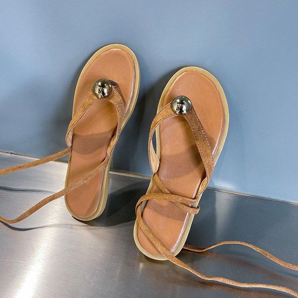 

sandals women's clip toe flat sole lace-up 2021 summer romanesque ankle bandage rivet light flock ladies casual beach shoes, Black