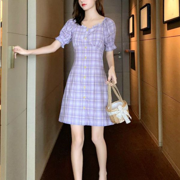 

dresses summer plaid purple french style vintage retro casual sleeve elegant designer women kvbs, Black;gray