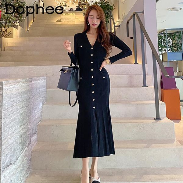 

casual dresses elegant hepburn fitted slimming knitwear maxi fishtail dress v-neck black knit women 2021 spring autumn clothing, Black;gray