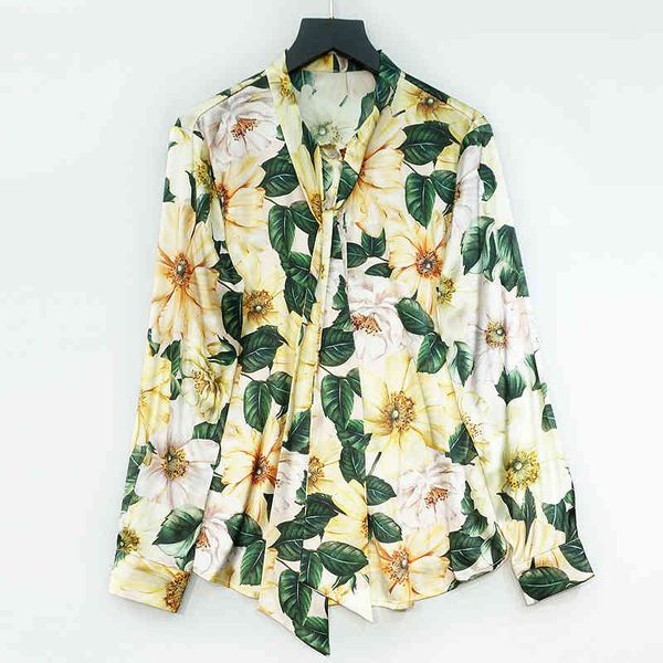 

women's blouses & shirts spring 2021 france stylish ol'bowtie silk 100% of from floral women printing c126, White