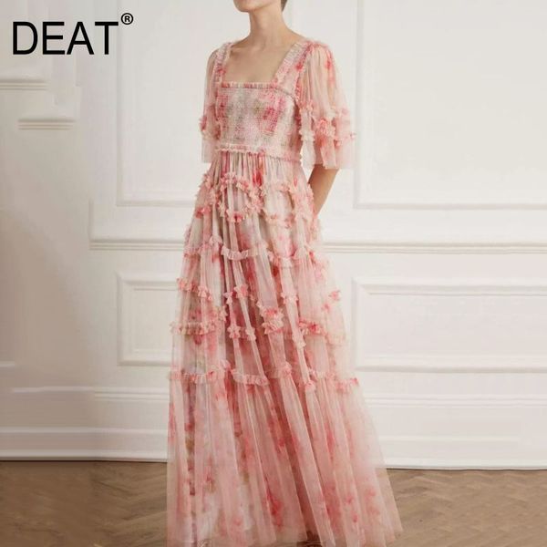 

deat women pink printing tie flowers folds high waist dress new square neck long sleeve slim fit fashion tide summer 7e7932 210428, Black;gray