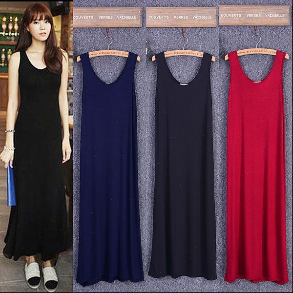 

women dresses summer long dress ankle length o neck sleeveless streetwear blue modal cotton black home robe ete femme, Black;gray