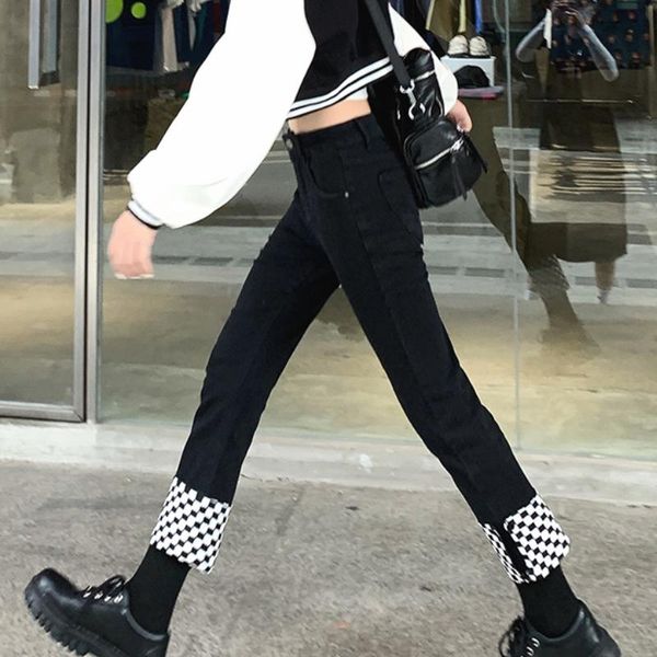 

women's jeans autumn and winter high-waist slim-fit chess board plaid hemming nine-point straight trousers, Blue