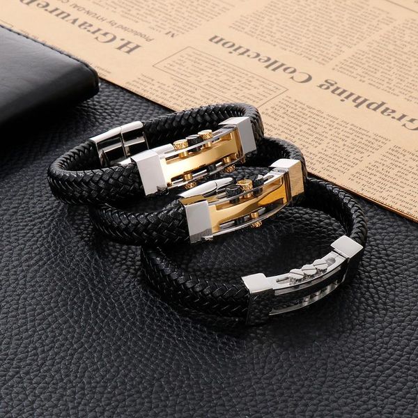 

charm bracelets haoyi 12mm screw stainless steel accessories tri-color tool leather men's bracelet jewelry, Golden;silver