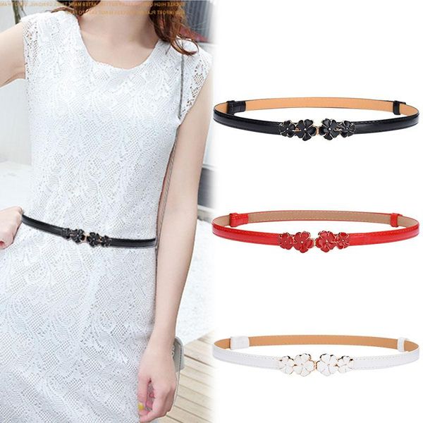 

black enamel flower buckle belts red pu patent leather waistbands for dress women white adjust waist seal party girl belt jeans, Black;brown