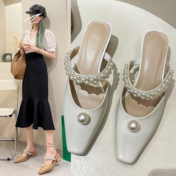 

slippers square heel shoes string bead woman's female mule cover toe luxury slides med low block 2021 mules designer pointed rub, Black