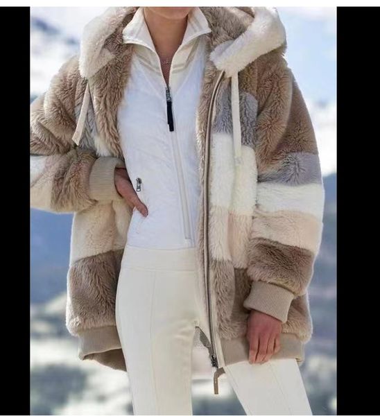 

women warm plush jackets autumn winter faux fur patchwork oversize zipper outwear ladies elegant loose fleece hooded coat jacket mother&#039, Black