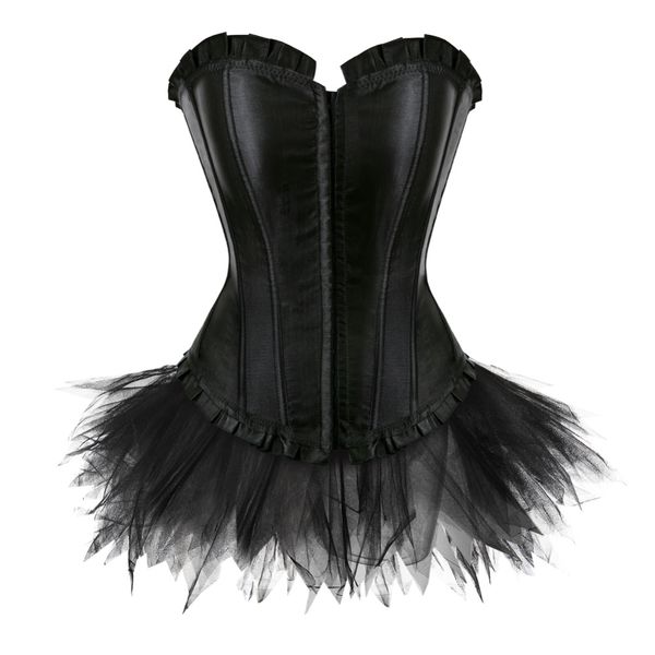 

new black lingerie womens overbust corset mini tutu skirt dress satin fold overbust showgirl s-2xl, Black;white