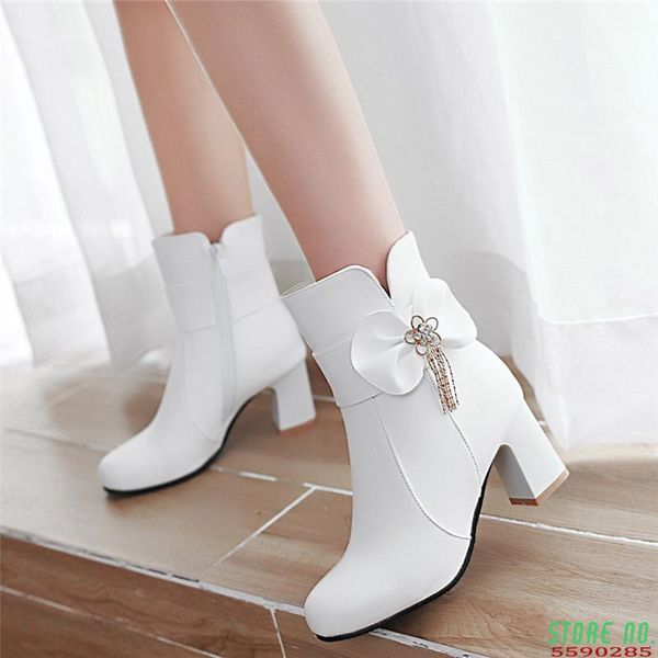

european style contracted ankle boots women round headtoe autumn winter high heels zip shoes thick heel fashion boot botas mujer, Black