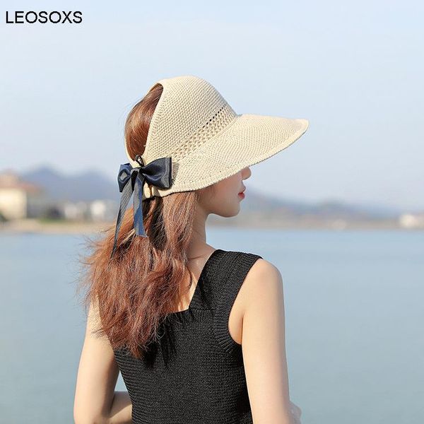 

women's empty hat summer korean fashion big eaves bowknot hollow straw travel sun sunshade protection hats wide brim, Blue;gray