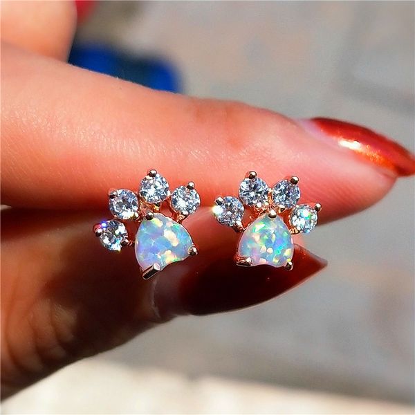 

white blue pink opal heart stone cute cat paw dog claw stud for women wedding rose gold silver color earrings, Golden