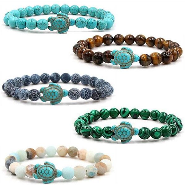 8mm Natural stone beaded strands bracelet blue tortoise sea turtle charm Agate Tiger eye turquoise Lava Stones beads bracelets for men women