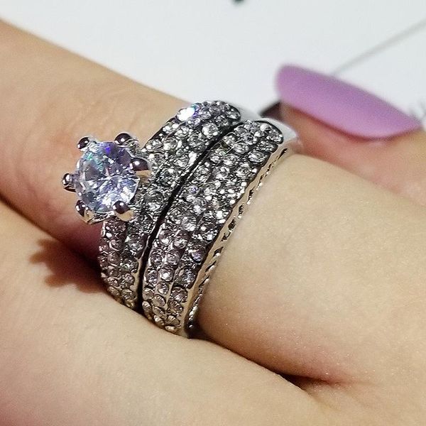 

cluster rings 2021 luxury round 925 sterling silver wedding ring set bridal for women lady anniversary gift jewelry r5857, Golden;silver