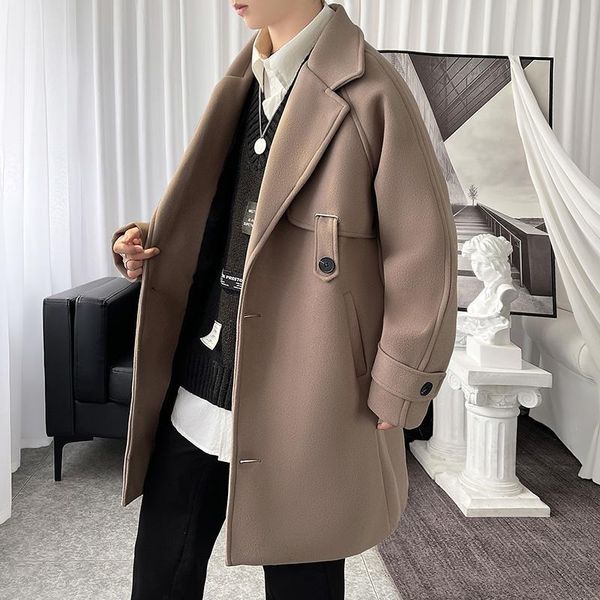 

men's wool & blends autumn winter long woolen coat men warmth fashion casual oversized korean loose jacket mens overcoat, Black