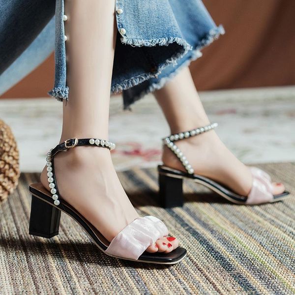

sandals yuke ladies european breathable pearl decoration plus size women's block heels ankle strap designer female shoes, Black