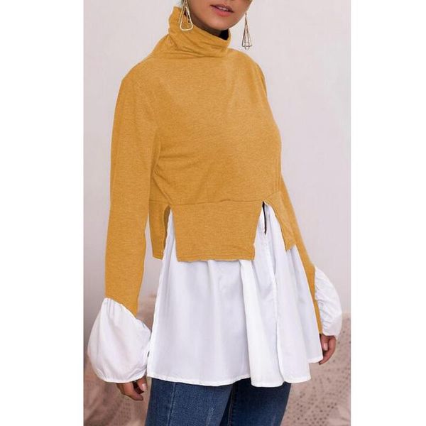 

women's blouses & shirts women stitching shirt irregular high low hem turtleneck blouse 2021 long sleeve autumn am1190, White