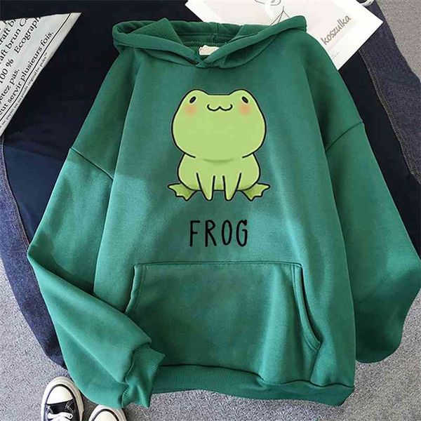 

kawaii frog hoodie print cartoon oversized sweatshirt with hood casual basic student cute pullover wool sudader xs-3xl 210813, Black