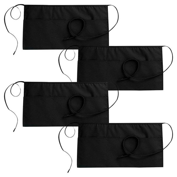 

4-piece server apron with 3 pockets waiter waist black short kitchen restaurant tavern half aprons