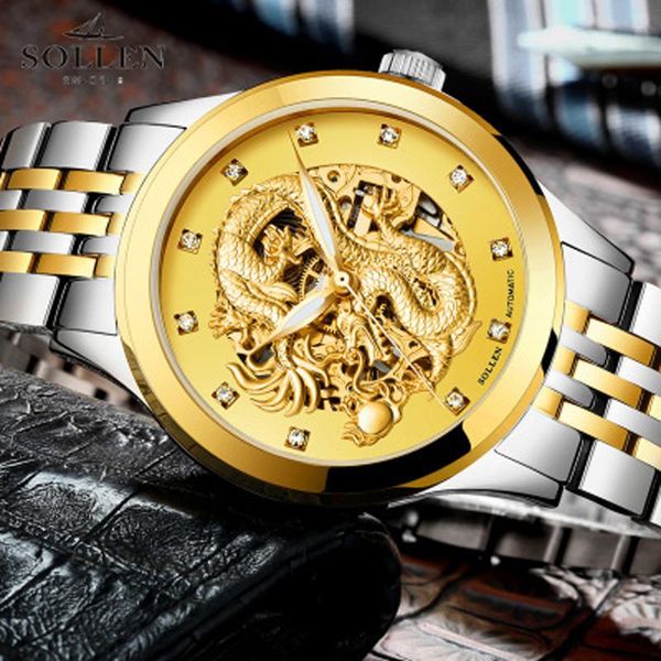 

wristwatches sollen gold dragon skeleton automatic mechanical men wrist watch full stainless steel strap clock waterproof men's watches, Slivery;brown