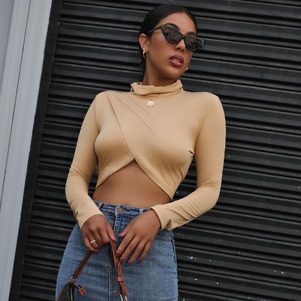 

women's t-shirt omsj 2021 trend fashion turtleneck women solid color long sleeve wrap basic crop street casual wear clothes, White