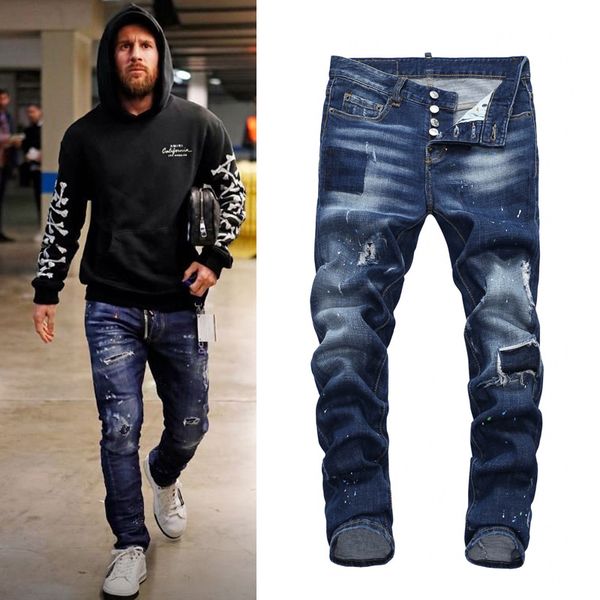 

skinny jeans men designer cool guy patchwork ripped bleach wash painted effect cowboy trousers denim pants, Blue