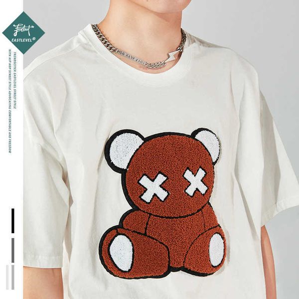 

fashion brand tees flannel embroidery bear short sleeve t-shirt for men and women loose couple cotton t shirts 210527, White;black