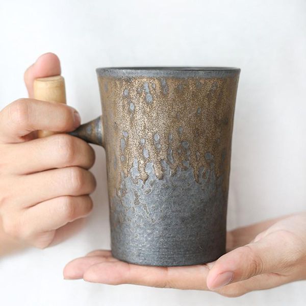 

mugs vintage crude ceramic coffee mug tumbler rust glaze with wooden handgrip tea milk beer water cup home office drinkware 300ml