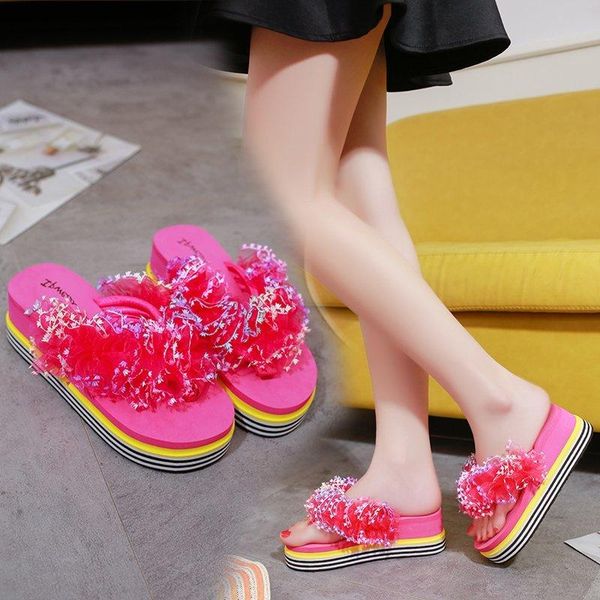 

women sandals flowers slippers summer flip flops womans platform shoes dames slide wedge heel thick beach slipper, Black