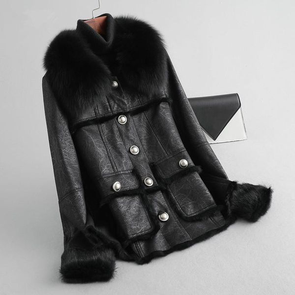 

women's fur & faux women collar leather jacket real coat female natural winter a298, Black