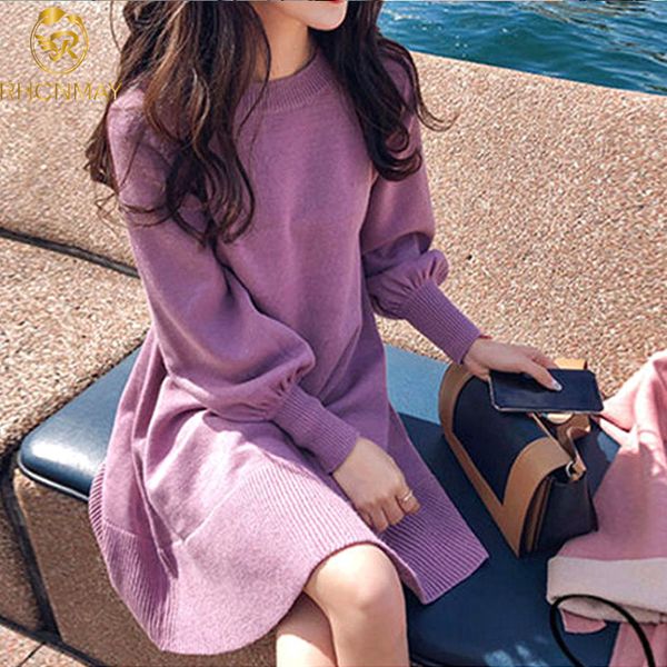 

elegant autumn winter sweater dress women casual o neck lantern sleeve knitted mini dress a-line loose dressswimwear bathing suits swimsuit, Black;gray