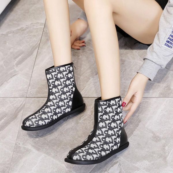 

boots 2021 ins student girls flat mid calf women's casual autumn winter shoes women graffiti back zipper short female, Black