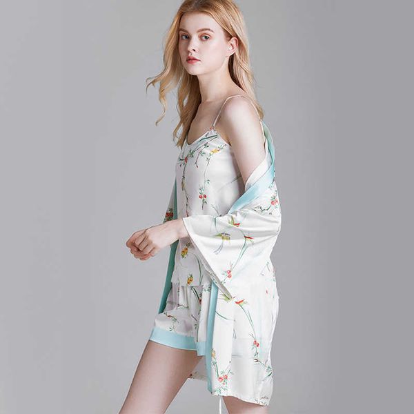 

yaoting ice silk pajamas women's summer silk plant flower suspender nightgown women's three piece suit 1719 dressing gown, Black;red