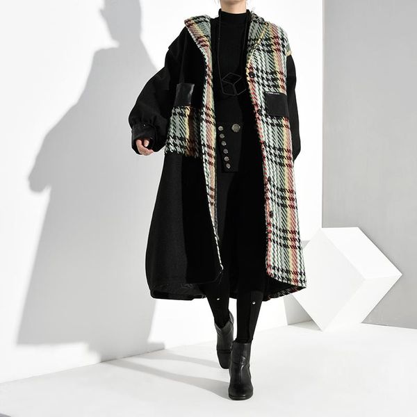 

women's wool & blends loose fit black plaid split big size woolen coat parkas long sleeve women fashion tide autumn winter 2021