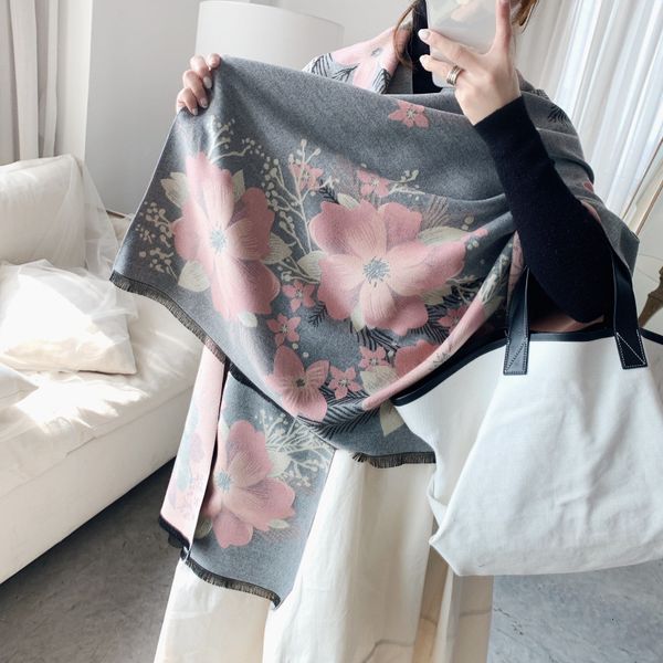 

autumn and winter long ethnic style warm thick tassel shawl dual purpose new flower scarf for women, Blue;gray